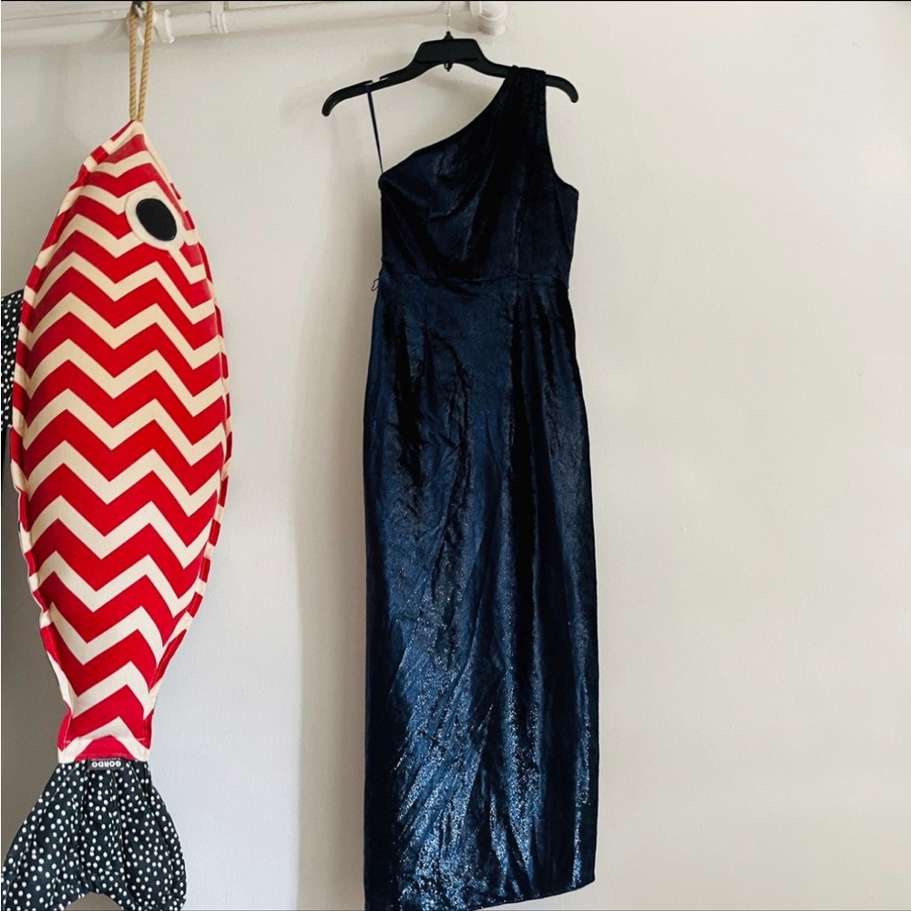 Ted Baker Abinaa sapphire metallic velvet one shoulder draped midi …